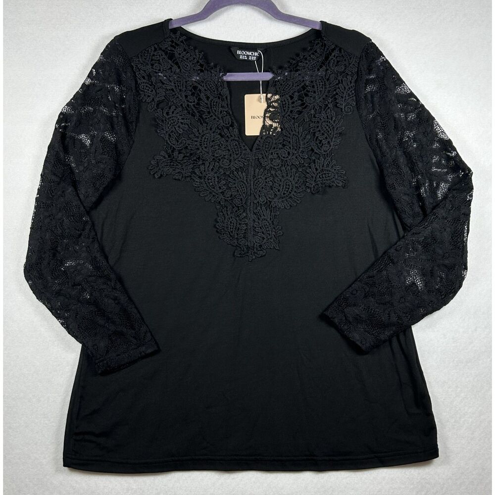 NWT BloomChic Black Lace Trim V-Neck Long Sleeve Plus Size Top US 14-16